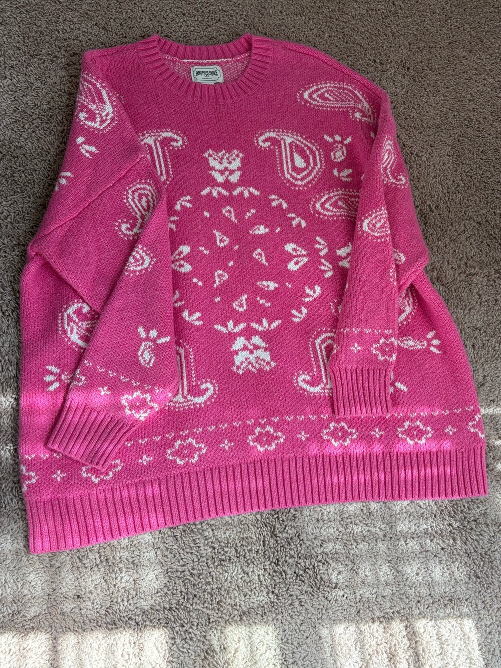 American Eagle Outfitters Hot Pink Crewneck Sweater with White Paisley Motif